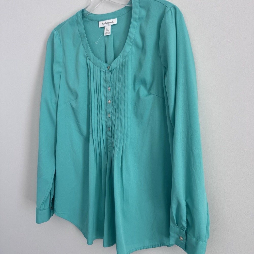 Motherhood Maternity Teal V Neck Blouse S Long Sleeve Button Front - Picture 2 of 7